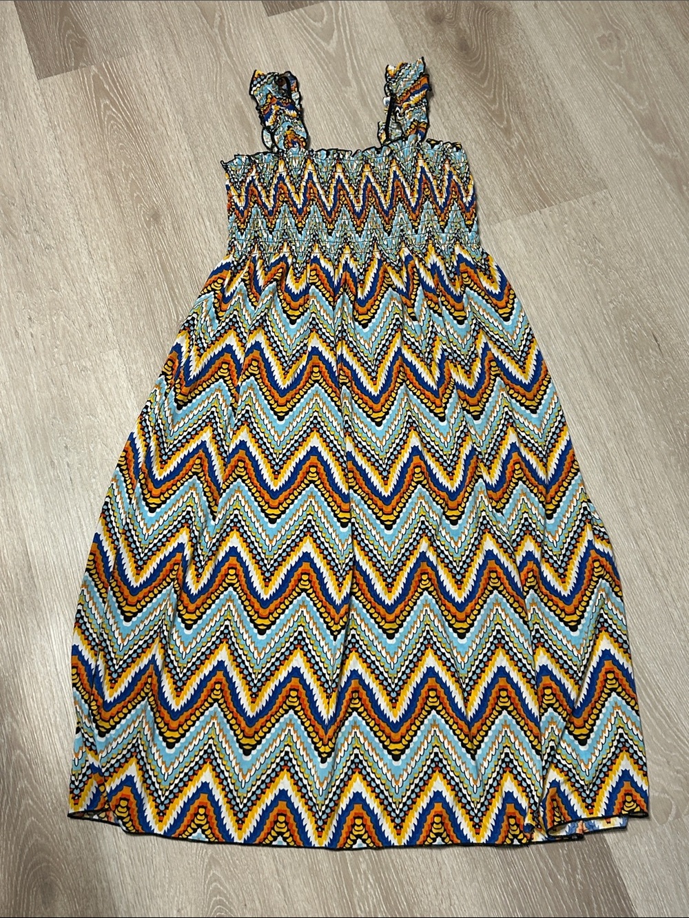 Win Win Ruffle Sleeve Smocked Geometric Chevron Midi Sundress Dress Sz L-XL